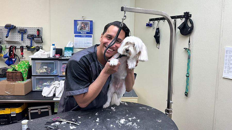 Groomer with dog at VCA Village Park Animal Hospital